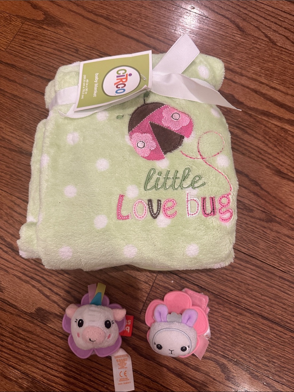 New Circo Polka dot Little Love Bug Baby Blanket w/bright start wrist rattles